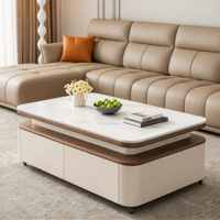 Table basse relevable moderne VOXHOME avec plateau en pierre frittée, tiroirs de rangement et roulettes pour salon et mobilier de maison