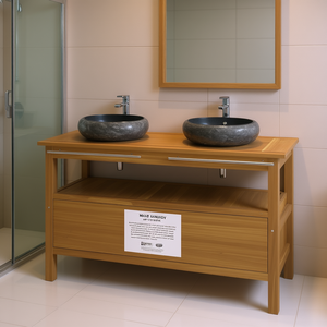 Meuble-lavabo de salle de bain en teck massif 62-70 pouces avec vasques en marbre noir, sur pied, style contemporain moderne - Product Image 2