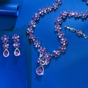 Parure de bijoux en plaqué rhodium avec zircons cubiques, motif fleur violette et goutte d'eau, collier et boucles d'oreilles pour <span class=keywords><strong>femme</strong></span>, idéale pour mariages et événements. - Product Image 5