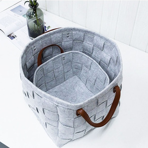 Cesta de almacenamiento tejida de fieltro plegable organizador de juguetes impermeable negro con mango de cuero - Product Image 2
