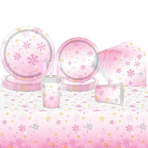 Ensemble de vaisselle de fête flocon de neige rose 40-60 pièces Décorations de Noël et du Nouvel An Respectueuses de l'environnement Assiettes rondes Tasses Serviettes - Product Image 3