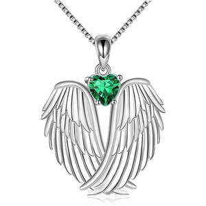 Colgante de Alas de Ángel, Plata 925, Cristal Verde Corazón, Bañado en Rodio, Temática Cristiana, Joyería Unisex Romántica para Uso Diario - Product Image 1