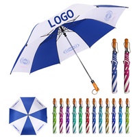 Paraguas de Viaje Plegable Automático de 2 Pliegues con Mango de Madera Azul y Blanco, Estructura de Hierro, Varillas de Fibra de Vidrio y Logotipo Personalizado, ¡Venta Caliente!