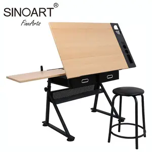 SINOART-mesa de dibujo basculante ajustable, 2 cajones, mesa de dibujo de madera, arquitectura, con taburete
