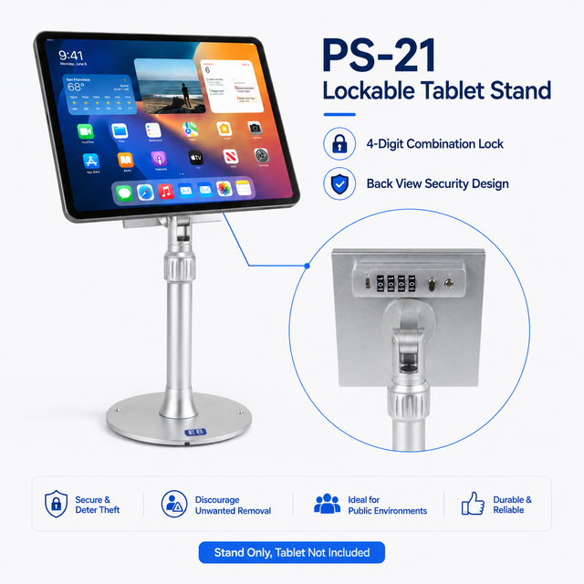 Combination Lock Metal Tablet POS Stand 7-16 Inch 360 Degree Rotation Height Adjustable Universal Holder Retail Counter PS-21