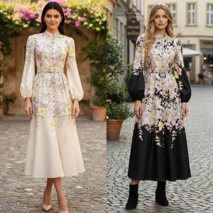 En stock 2026 <span class=keywords><strong>Robe</strong></span> longue à <span class=keywords><strong>taille</strong></span> empire, motif floral, col montant classique, manches lanternes, boutons décoratifs sur une seule rangée, ourlet large - Product Image 2