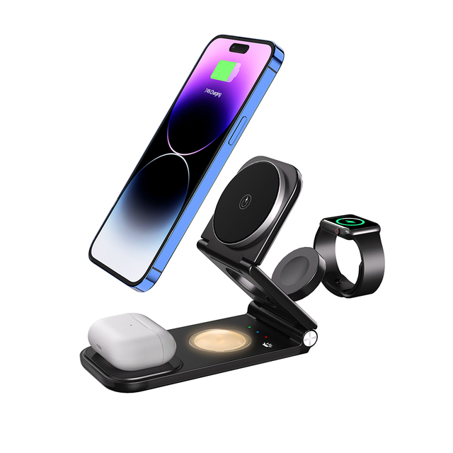 Wholesale 3 in 1 Foldable Magnetic Wireless Charger Stand Fast Charging  With Light for iPhone 15 14 13 AirPods Iwatch