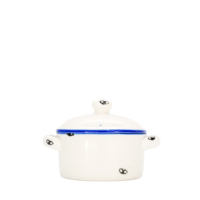 Cacerola Pequeña con Tapa de 9 cm, Esmalte Blanco con Borde Azul