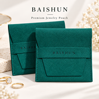Pochette enveloppe personnalisée OEM ODM avec logo, petite, en microfibre de daim synthétique vert émeraude, avec rabat frontal pour emballage cadeau de bijoux