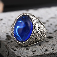 Cincin Boho safir Oval pria, berlapis perak sederhana terbuka Vintage 2023