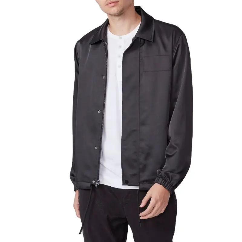 Semi-matte Black Satin Coat With Hidden Placket Snap Buttons Elastic Cuffs Drawstring Hem Coaches Jackets For Men