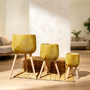Yellow Rattan Flower <b>Pot</b> Set with Wood Legs Modern Minimalist Indoor Planter for Green Plants 3 Pcs Circular Pattern - Product Image 1