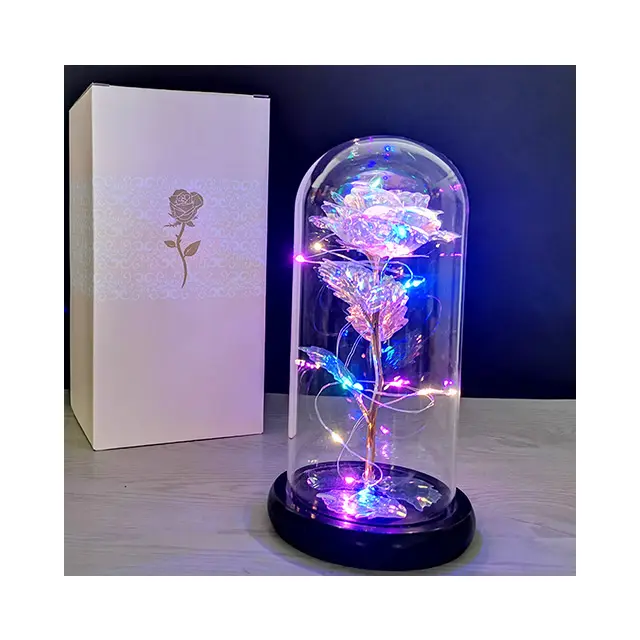 Ammy Golden Rose 24k Gold Foil Rose In Glass Dome Decorative Flowers With Led Rose Lamps