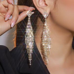 European American Trendy Classical Tassel <b>Drop</b> <b>Earrings</b> Long Rhinestone <b>Silver</b> Plated Geometric Nightclub Formal Party Main - Product Image 4