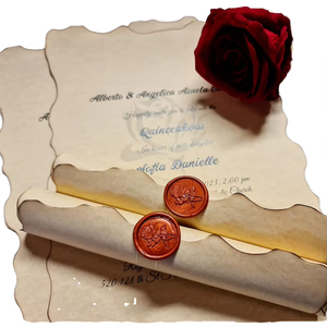 Invitación de Boda Personalizada Romántica Vintage Hecha a Mano con Letras Antiguas, Bordes Quemados, Logotipo en Relieve y Sello de <span class=keywords><strong>Cera</strong></span> - Product Image 1