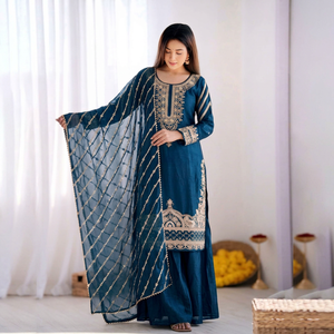 Ensemble indien pakistanais brodé bleu pour femmes, kurta, palazzo, dupatta, tenue traditionnelle pour mariage et fête - Product Image 1