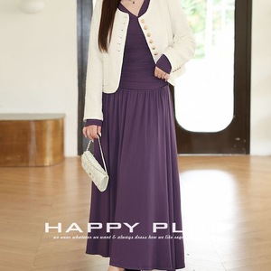 เดรสทรงวีคอจีบพลีทเข้ารูป ไซส์พลัส สีม่วงเปอร์เซีย แขนยาว สำหรับผู้หญิง - Product Image 2