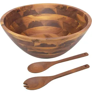 Kitchen Products Custom12'' Acacia Wood Salad Fruit Vegetable Mixing Set Large Wooden Salad Bowl With Serving Utensils