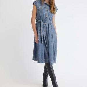 Vestido Maxi Bohemio Informal, Tejido Vaquero Transpirable, Cintura Elástica, Diseño Tejido con Parches, Estilo Otoñal, Silueta en A - Product Image 1