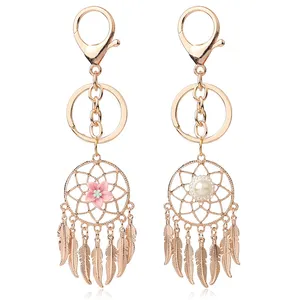 Rose Gold Color Metal Dream Catcher Keychains Flower Feather Tassel Keyring for Car Bag Wall Hanging Decor Wind Chimes