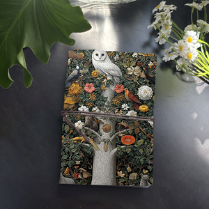 Cuaderno de oficina A6 hecho a mano, recuerdo elegante de 160 páginas para cumbres globales con búho, pájaros, gato, flores, impresiones de árboles en la ensenada - Product Image 1