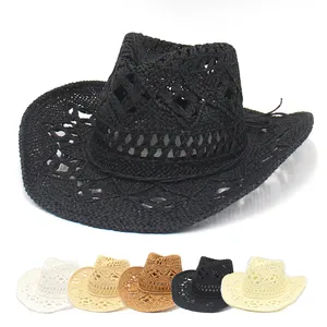 Breathable Custom Logo Wide Brim Hollow Out Woven Roll Up Braid Floppy Fedora Cap Summer Hand Woven Cowboy Straw Hat