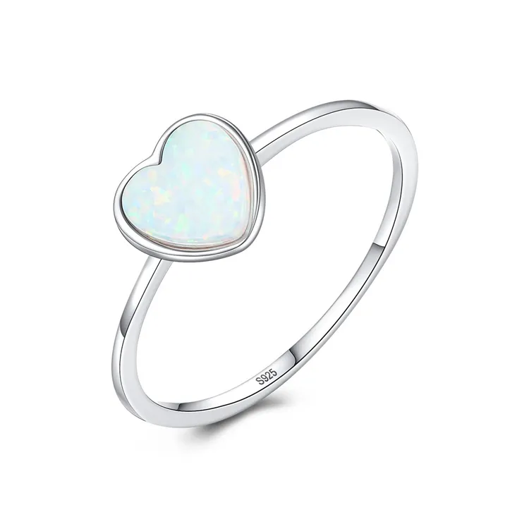 Perhiasan halus 925 perak murni bentuk hati cincin Opal putih alami