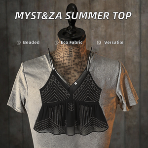Blusa sin mangas con cuello en V y bordado de cuentas para mujer, blusa con tirantes, ropa de verano, tops para mujer - Product Image 2