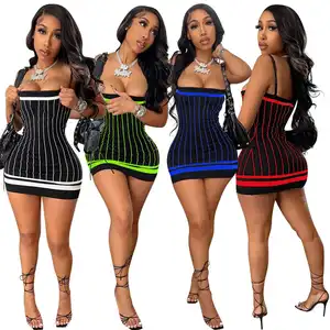 Backless Casual Sexy Halter Ladies Striped Tube Sling Summer Mini Vacation Dress With Good Stretch