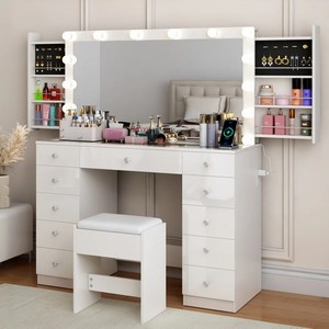 Professional <strong>Vintage</strong> Wood Vanity Desk for Makeup with Glass Top, <strong>Dressing</strong> <strong>Table</strong> with Mirror Light and Bluetooth for Bedroom - Product Image 2