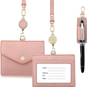 Boshiho High Quality Office Badge <b>Holder</b> Genuine Leather Credit ID <b>Card</b> <b>Holder</b> with Stretch Neck Lanyard and Pen Clip - Product Image 1
