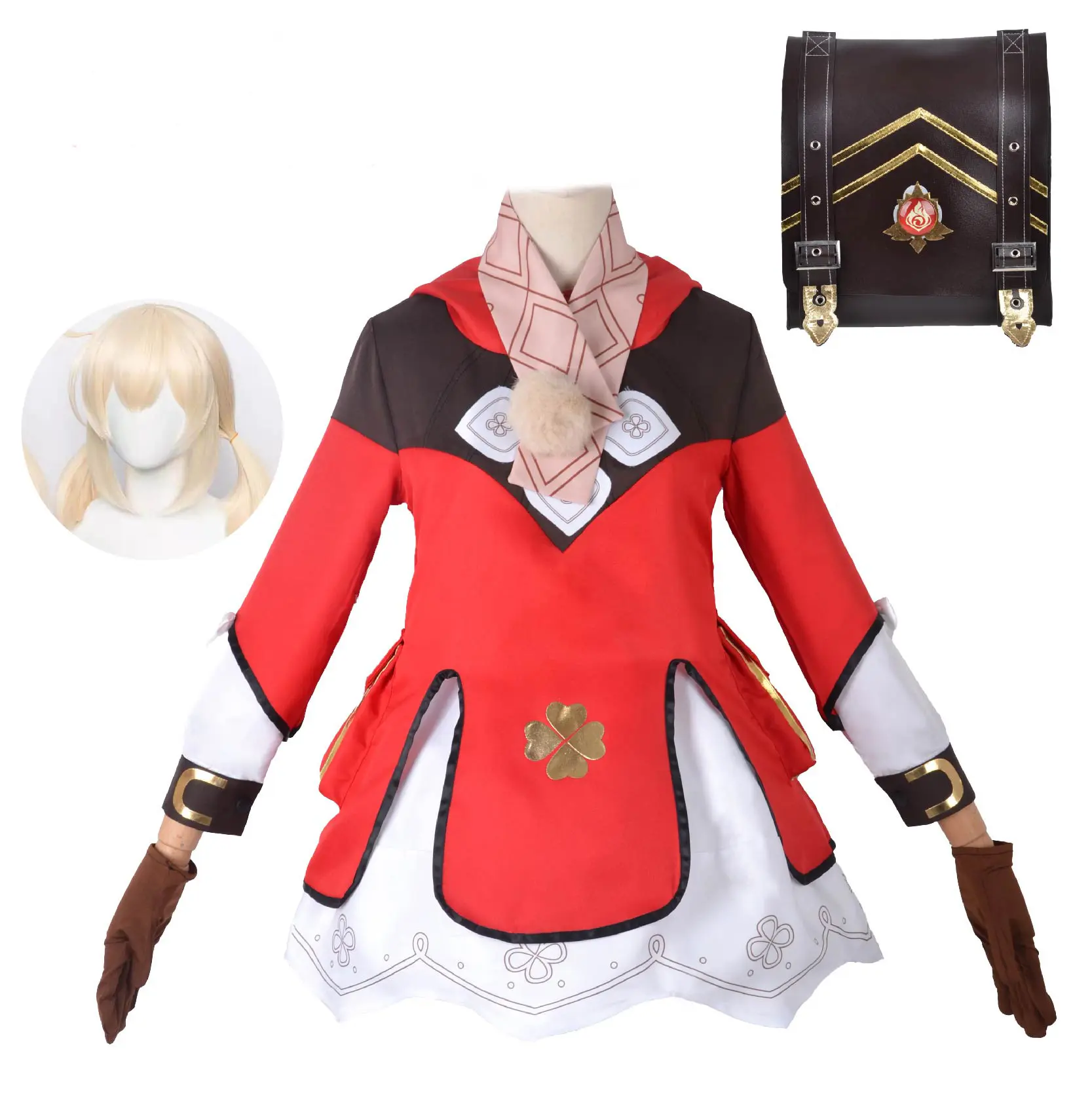 Disfraz Genshin Impact Klee para niños, peluca con sombrero, conjunto completo, vestido Loli bonito, mochila, bolsa para Cosplay