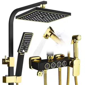 Hot Selling Brass 4 Ways High Pressure Black Gold Exposed Bathroom Shower Faucet Set com Ceramic Valve Core Shower System Mixer