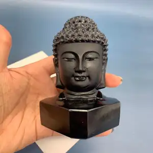 Mão Esculpida Cabeça Buda Pingente de Obsidiana Natural De Cristal Fengshui Presentes Trophy Pedras de Cura Reiki