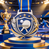 Médaille personnalisée de tennis de table en émail bleu argenté, motif bouclier et raquette, avec étoile en relief 3D, pour le championnat