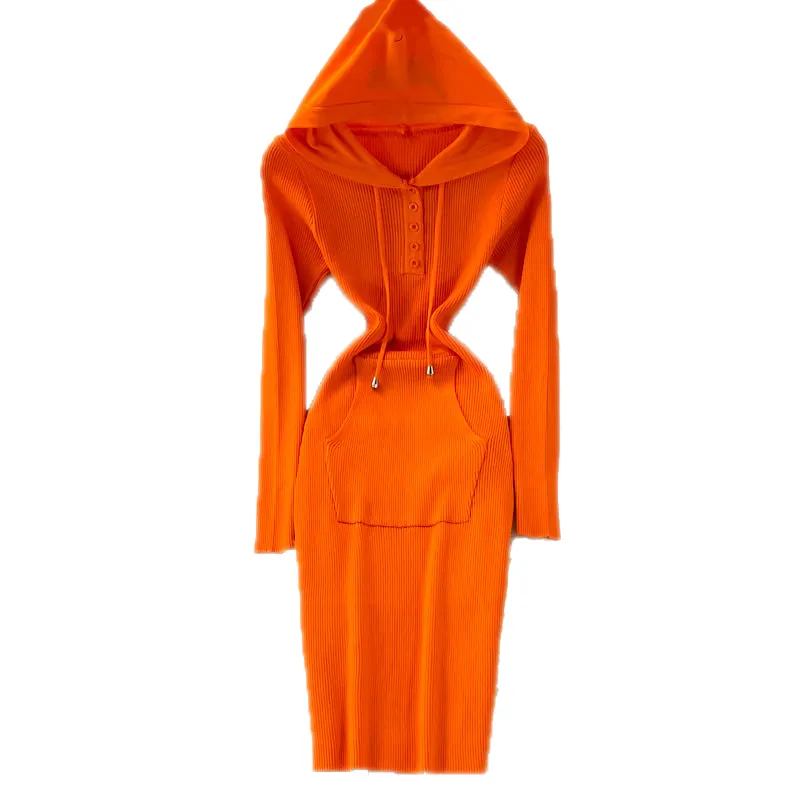 Hooded Sweater Dress Women's Autumn 2021 New Waist Slimming Slim Knit Dress Long Sleeve Elastic Elegant dress summer