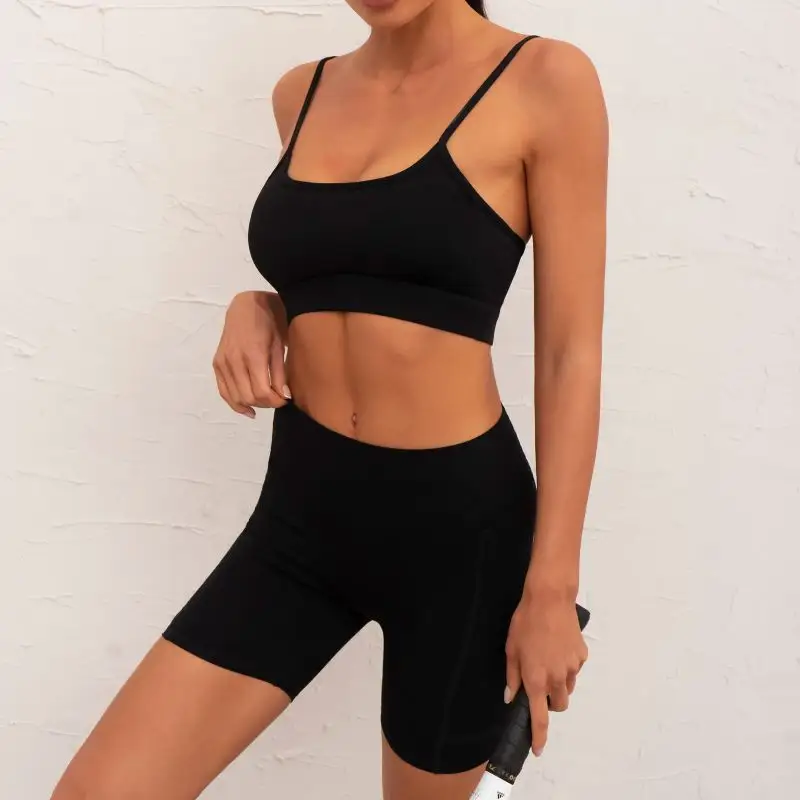 Skinny Super Stretchy Sexy Cor Sólida Duplo Bolso Athletic Yoga Shorts para mulheres