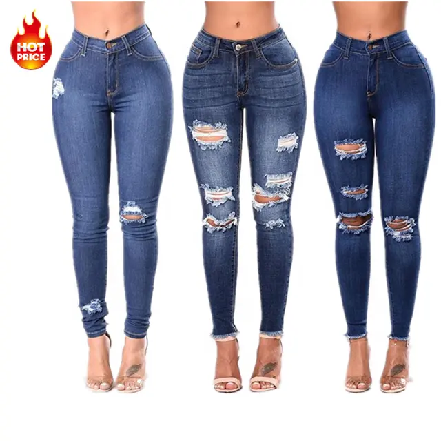 Bh08 Mode Kleidung Denim Leggings Hosen Hosen Sexy Mid Rise Fitted Soft Distressed Ripped Pantalones Skinny Jeans Frauen