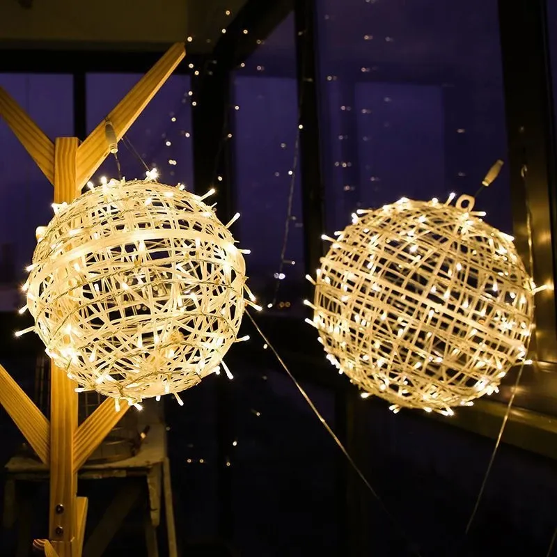 20/30CM Globe peri dize işıklar açık dekor noel ağacı Rattan topu asılı çelenk ışıkları bahçe lambası dış fener