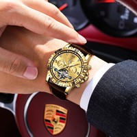 Montre mécanique automatique de luxe Poedagar 1418 pour homme, dorée, en cuir, avec tourbillon ajouré, étanche et lumineuse