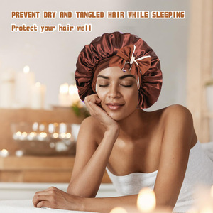 Champagne <span class=keywords><strong>Satin</strong></span> Casual Bonnet pour les femmes à usage quotidien Night Sleep Cap Écharpe Wrap avec bande de cravate Échantillon gratuit pour les <span class=keywords><strong>cheveux</strong></span> bouclés - Product Image 5