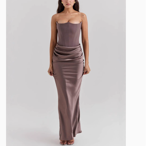 <span class=keywords><strong>Vestido</strong></span> <span class=keywords><strong>Midi</strong></span> de Satén con Hombros Descubiertos y Pliegues de Espina de Pescado, Colección Primavera 2026 Europea y Americana - Product Image 4