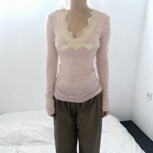 Blusa de Mujer con Cuello en V, Encaje, Ajustada, Tejida, Transpirable, Manga Larga, Estilo Y2K - Product Image 1