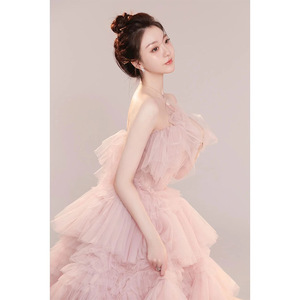 Pink Strapless Tulle Ball Gown Natural Waistline Wedding Dress For Studio Photography - Product Image 5