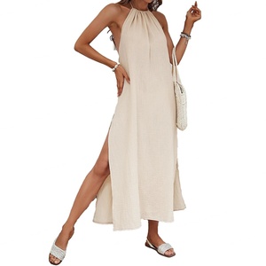 Customized OEM High Quality Womens <b>Dress</b> Woven Casual Design Large Backless Seaside Vacation Hanging Neck Beach <b>Dresses</b> - Product Image 1