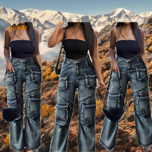 Jean cargo décontracté taille haute coupe droite jambe large pour femme 2025 – Multi-poches, coton teint uni, anti-boulochage, été - Product Image 3