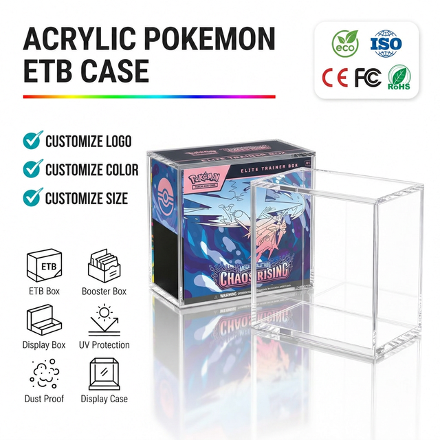 Premium Acrylic ETB Display Case PoKemen UV Resistant Storage Box Eco-Friendly Recyclable Trading Card Game Collector Showcase