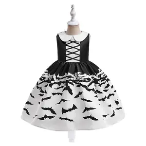 New Halloween Cosplay Children Witch Costume Black White Color Mixed Bat Printing Sleeveless Princess Dress