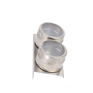 2 Pcs Stainless Steel Magnetic Spice Jars seasoning cans Condiment Tins box with wall plate Racks