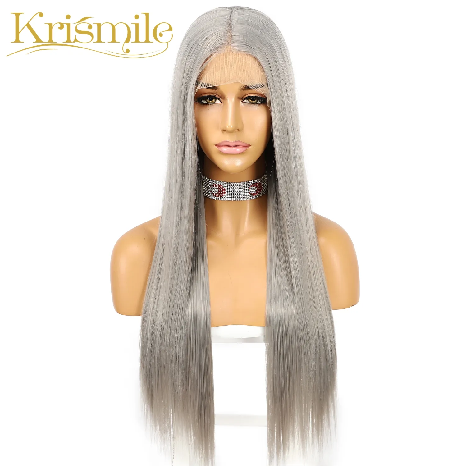 Krismile Long Straight Grey Synthetic Lace Wig Middle Part Soft Hair Daily for Women Cosplay Party High Temperature Glueless